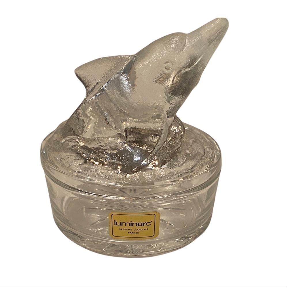 Luminarc Verrerie D'arques Glass Trinket Box with Dolphin Lid. Made in France